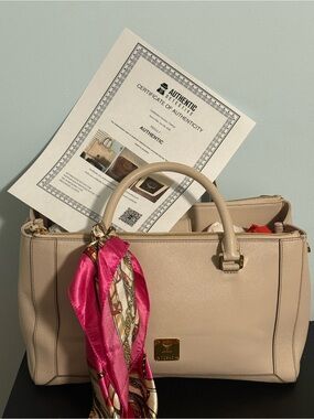 MCM Women's Leather Satchel Bag in Light Beige with FREE bag Scarf and COA 😍